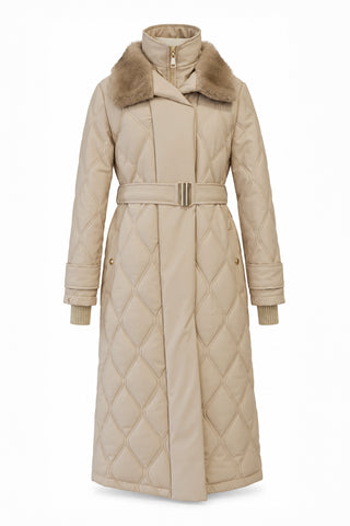 Black Puffer Jacket with Black Fur Collar and Belt Detail, Beige Style, 12764
