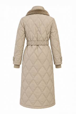 Black Puffer Jacket with Black Fur Collar and Belt Detail, Beige Style, 12764