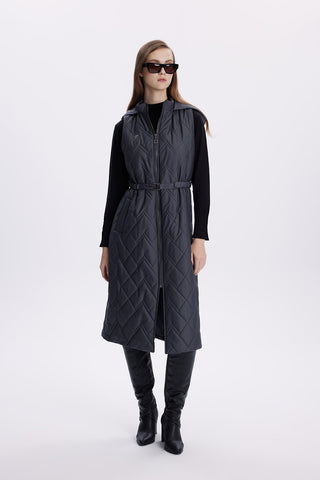 Kapüşonlu Uzun Kapitone Şişme Füme Yelek 0060