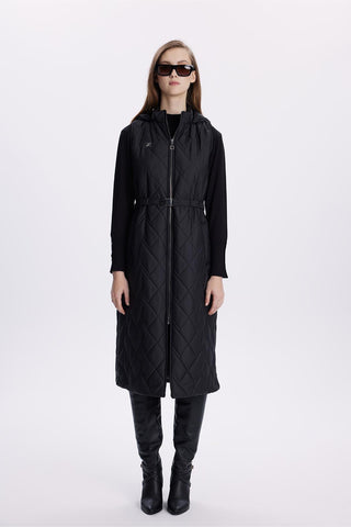 Kapüşonlu Uzun Kapitone Şişme Siyah Yelek 0060