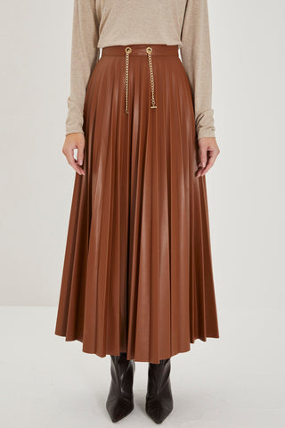 Chain Detail Pleated Long Camel Skirt 0123