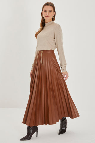 Chain Detail Pleated Long Camel Skirt 0123