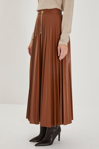 Chain Detail Pleated Long Camel Skirt 0123