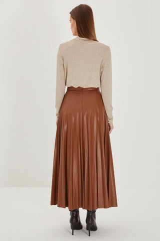 Chain Detail Pleated Long Camel Skirt 0123