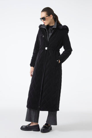 Kürk Detaylı Kapüşonlu Uzun Şişme Siyah Mont 12765