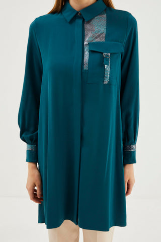 Gömlek Yaka Payet Detaylı Petrol Tunik 1297
