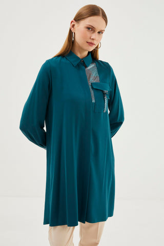 Gömlek Yaka Payet Detaylı Petrol Tunik 1297