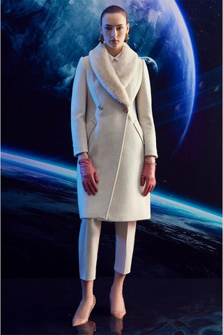 Kürk Yaka Cep Detaylı Kaşe Kaban Bej Kaban 13092