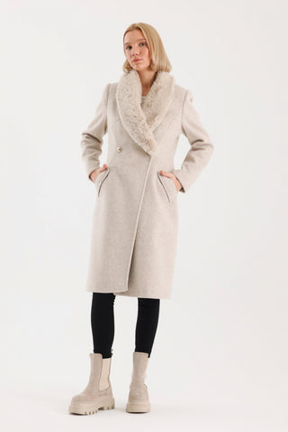 Kürk Yaka Cep Detaylı Kaşe Kaban Bej Kaban 13092