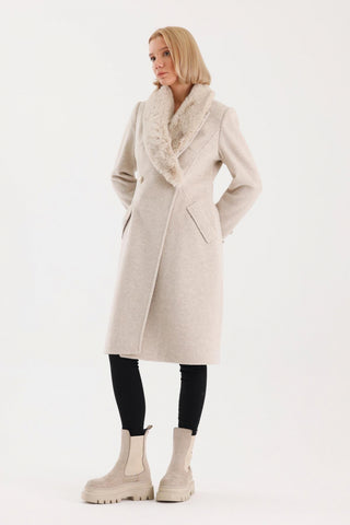 Kürk Yaka Cep Detaylı Kaşe Kaban Bej Kaban 13092