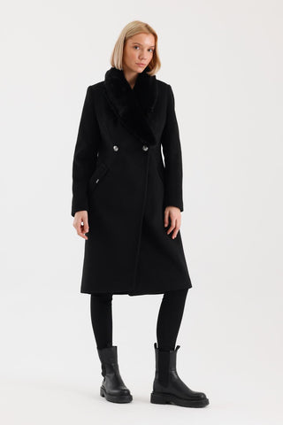 Fur Collar Pocket Detail Cashmere Coat Black Coat 13092