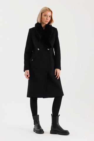 Kürk Yaka Cep Detaylı Kaşe Kaban Siyah Kaban 13092