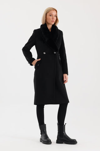Fur Collar Pocket Detail Cashmere Coat Black Coat 13092