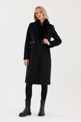 Kürk Yaka Cep Detaylı Kaşe Kaban Siyah Kaban 13092