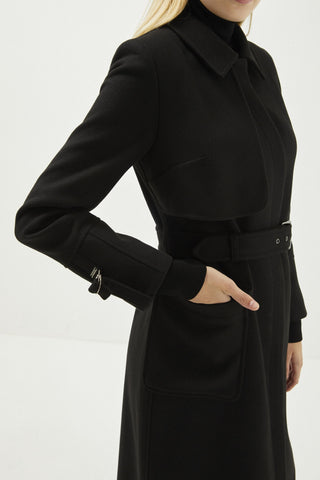 Gömlek Yaka Kemer Detaylı Kaşe Pardesü Siyah Kaban 13359