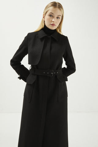 Gömlek Yaka Kemer Detaylı Kaşe Pardesü Siyah Kaban 13359