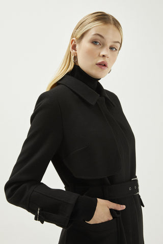 Gömlek Yaka Kemer Detaylı Kaşe Pardesü Siyah Kaban 13359