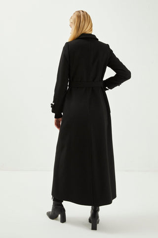 Gömlek Yaka Kemer Detaylı Kaşe Pardesü Siyah Kaban 13359