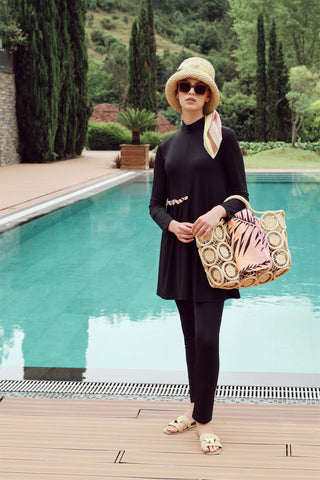 Deniz Kabuğu Detaylı Tam Kapalı Tesettür Mayo Siyah Plaj Giyim 0014