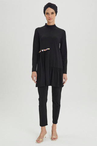 Deniz Kabuğu Detaylı Tam Kapalı Tesettür Mayo Siyah Plaj Giyim 0014