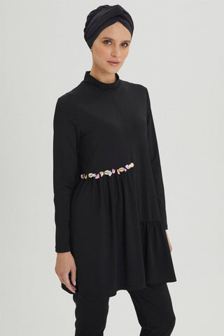 Deniz Kabuğu Detaylı Tam Kapalı Tesettür Mayo Siyah Plaj Giyim 0014