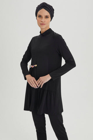 Deniz Kabuğu Detaylı Tam Kapalı Tesettür Mayo Siyah Plaj Giyim 0014