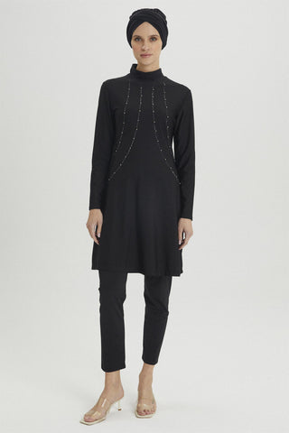 Işleme Detaylı Tam Kapalı Mayo Siyah Plaj Giyim 0015