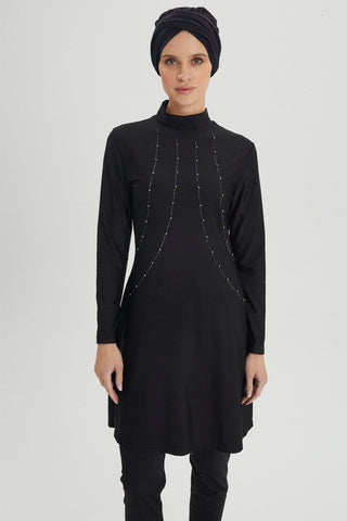 Detailed Embroidered Full Coverage Swimsuit Black Beachwear 0015