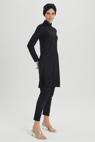 Detailed Embroidered Full Coverage Swimsuit Black Beachwear 0015