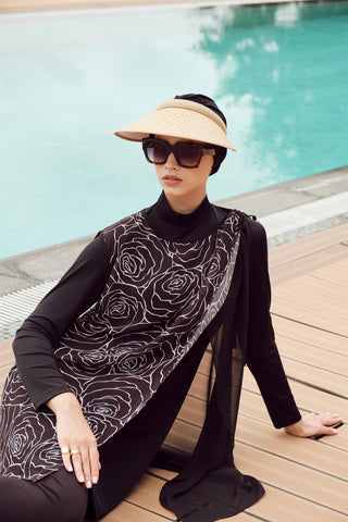 Çiçek Desenli Tam Kapalı Mayo Siyah Zühre 0018