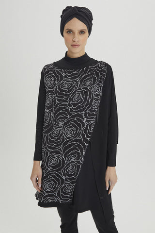 Floral Pattern Full Coverage Swimsuit Black Zuhre 0018