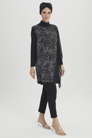 Floral Pattern Full Coverage Swimsuit Black Zuhre 0018