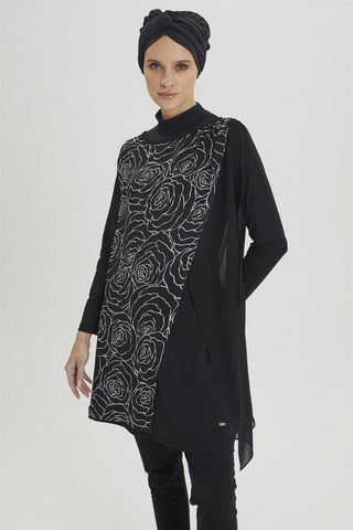 Floral Pattern Full Coverage Swimsuit Black Zuhre 0018