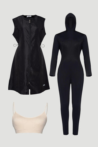 Hooded 2-Piece Full Coverage Swimsuit Black Beachwear 0019