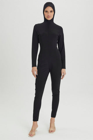 Hooded 2-Piece Full Coverage Swimsuit Black Beachwear 0019