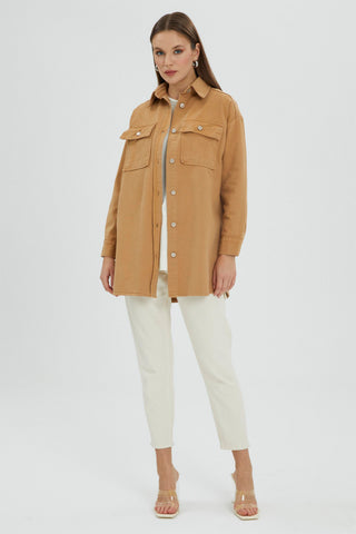 Denim Cep Detaylı Açık Mavi Uzun Gömlek Camel Gömlek 0043