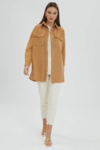Denim Cep Detaylı Açık Mavi Uzun Gömlek Camel Gömlek 0043