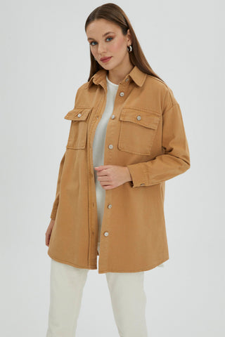 Denim Cep Detaylı Açık Mavi Uzun Gömlek Camel Gömlek 0043