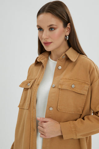 Denim Cep Detaylı Açık Mavi Uzun Gömlek Camel Gömlek 0043