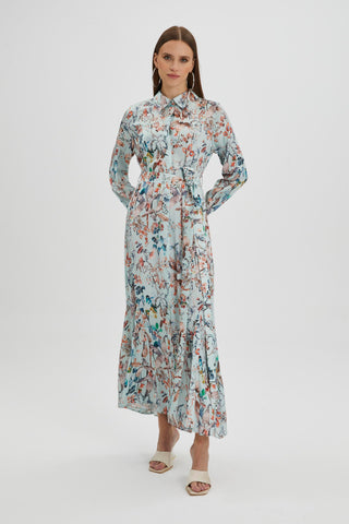 Gömlek Yaka Yaprak Desenli Uzun Mint Elbise 0318