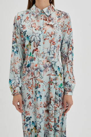 Gömlek Yaka Yaprak Desenli Uzun Mint Elbise 0318