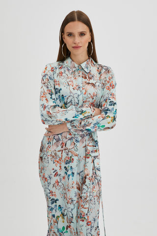 Gömlek Yaka Yaprak Desenli Uzun Mint Elbise 0318