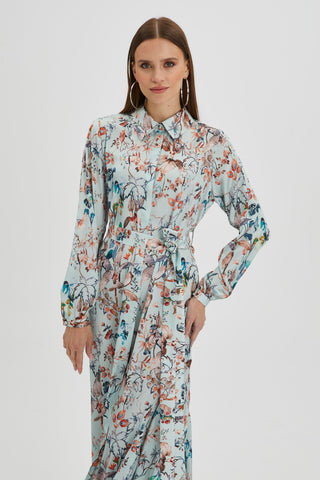 Gömlek Yaka Yaprak Desenli Uzun Mint Elbise 0318