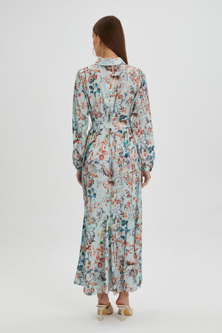 Gömlek Yaka Yaprak Desenli Uzun Mint Elbise 0318