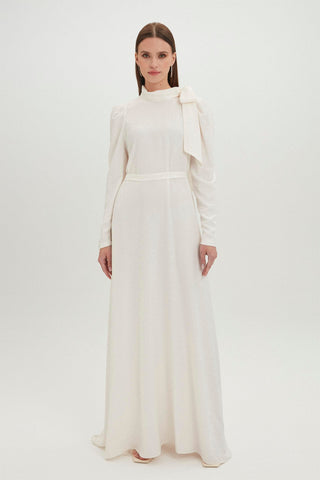 Fiyonk Yaka Leopar Desenli Uzun Ekru Elbise 0343