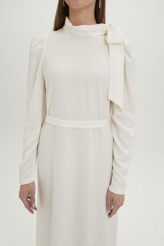 Fiyonk Yaka Leopar Desenli Uzun Ekru Elbise 0343