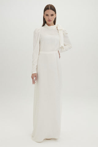 Fiyonk Yaka Leopar Desenli Uzun Ekru Elbise 0343