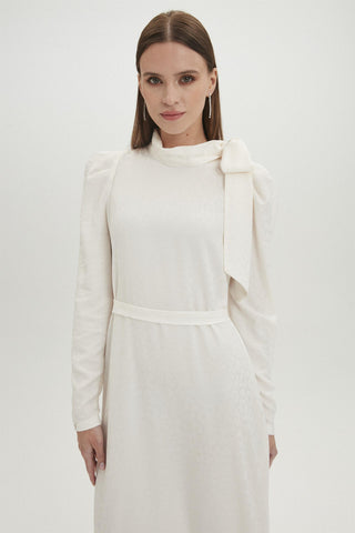 Fiyonk Yaka Leopar Desenli Uzun Ekru Elbise 0343