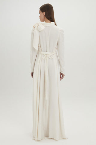 Fiyonk Yaka Leopar Desenli Uzun Ekru Elbise 0343