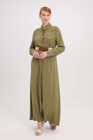 Gömlek Yaka Kemer Detaylı Uzun Keten Haki Elbise 0358